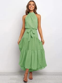 Women's Halter Neck Maxi Dress - Floral Print Boho Chic Smocked Waist Summer Beach Dress for Vacation Casual Wear