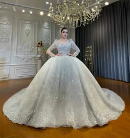Customized Amanda Novias Official Square Neckline Long Sleeves Sparkly Wedding Dress