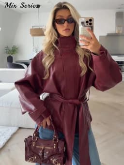 Fashion Solid Faux Leather Jackets Women's Stand Collar Full Sleeves Belted Jacket 2026 Autumn New Lady Casual Streetwear