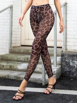 Leopard Print Mesh See-through Nine Point Pants Europe And The United States Summer Sexy Breathable Slim Yoga Leggings