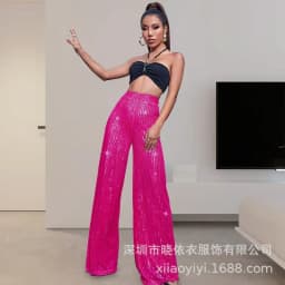 New Women's Solid Color Wide-leg Pants Casual Fashion Elegant Black Sequins Holiday For Women Long Pant Womens Clothing