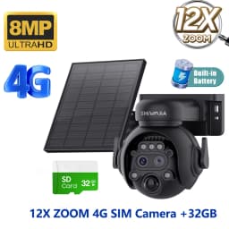 SHIWOJIA 12X Zoom 4G LTE Solar Security Camera 8MP Night Vision Dual-Lens Outdoor WiFi Solar Battery Camera PIR Human Detection