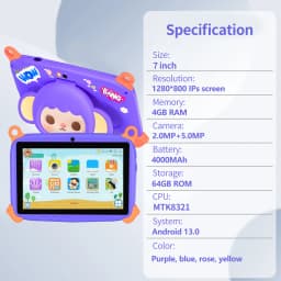 New Arrival 7 Inch Kid Tablets Cartoon Monkey Pattern Android 13, 4GB RAM 64GB ROM, 1TB Expand, 4000MAH Battery, Dual Cameras