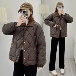 Autumn Winter Overcoat PU Leather Cotton-padded Jacket Women's Rhombic Lattice Short Coats Female Warm Outerwear No-wash Parkas