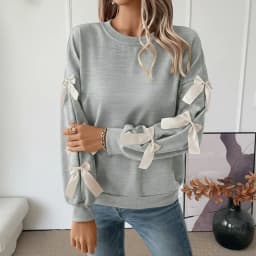 Round Neck Bow Sweatshirt Regular Length Sweet and Fresh with Pullover Patchwork Regular Sleeve Autumn Loose Fit Women Hoodie