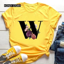 Large Size Yellow T-shirt for Men And Women with Black Fashion Trend Print of Flowers 26 English Letters Casual Short Sleeve Top