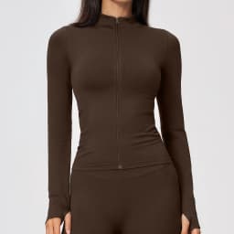 Women's Seamless Long Sleeve Yoga Top Ribbed High Neck Full Zip Slim Fit Sports Jacket Thumb Hole Workout Gym Running Activewear