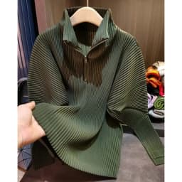 Miyake Pleated Sweatshirt Pit Stripe Zipper Standing Collar Jacket Women 2025 New Casual Pullover Hundred Pleat Skinny Tops