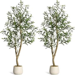 Olive Trees Artificial Indoor, 5-7ft Tall Faux Silk Plant - Fake Potted Tree with White Planter, Artificial Plants for Home Offi