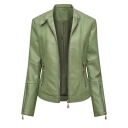 Lady Faux Leather Jacket Solis Color Buttons Decor Long Sleeve Biker Coat Windproof Slim Lady Coat For Motorcycle Riding