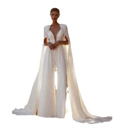 Customized Latest Two Pieces Wedding Dresses White Pants Suit Bridal Gowns Jumpsuit Bride Dress with Cape Wedding Gowns Back Out