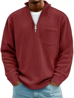 Autumn And Winter New Men's Solid Color Corduroy Long-sleeved Zipper Stand-up Collar Loose Fashion Men's Sweater