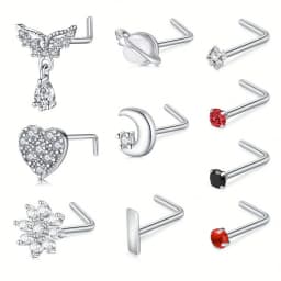 10pcs 20G 7mm Nose Stud Set, 304 Stainless Steel Nostril Jewelry, Elegant Cute Nose Screw Hoop Rings, Synthetic Zirconia