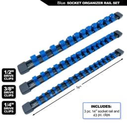 ABS Socket Organizer 1/2 inch 3/8 inch and 1/4 Clip Drive Socket Rail Holders Heavy Duty Socket Racks with Red Blue Black Clips
