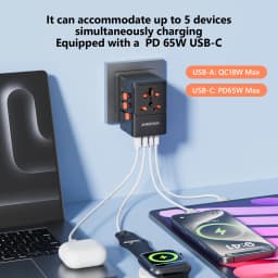 Universal Travel Adapter with 4 AC Outlets Max 2400W 2 USB Port 2 Type-C PD 65W Ports All-in-One Fast Charging EU UK US AUS Plug