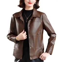 Brown PU leather Jackets Women's High-End New Spring Autumn Casual Short Jacket Leather Mid-Aged Mother Coat Brown Leather Coat