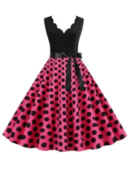 Polka Dot Print Women Summer Dress Black Patchwork Sleeveless V Neck Elegant Vintage Party Casual Midi Dress