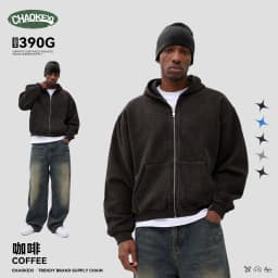 Waffle Knit Full Zip Hoodie for Men Vintage Washed Hooded Sweatshirt Casual Loose Cotton Kangaroo Pocket Streetwear Clothes