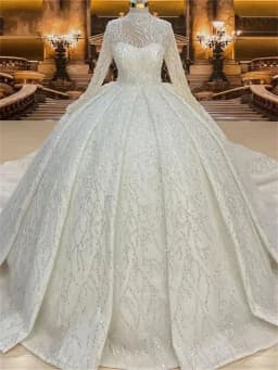 Customized Luxurious Ball Gown Wedding Dresses High Neck Sequins Long Sleeve Dresses Arabic Bridal Gown Vestidos De Novia