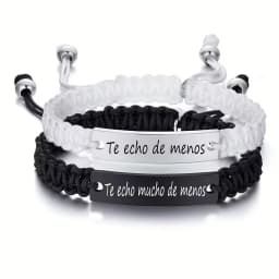 2 Pcs Handmade White Black Braided Rope Bracelet Set Adjustable Stainless Steel Couple Bracelets Valentine's Day Gifts