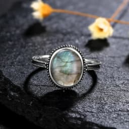 Silver Ring for Women Oval Round Natural Labradorite Ring Gift Sun Shaped Retro Luxury Fine Jewelry