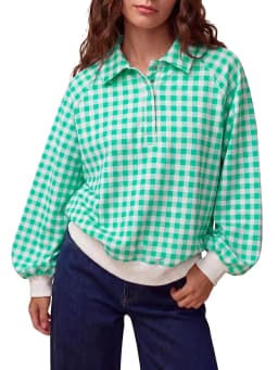 2026 Women Black White Gingham Blouse Lapel Collar Half Button Lantern Long Sleeve Loose Casual Plaid Shirt Tops