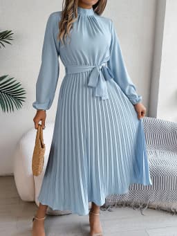 Solid Stand up Collar Bridesmaid Dress Spring Summer Casual Elegant Long Sleeve Waist Cinched Pleated Long Dresses for Women