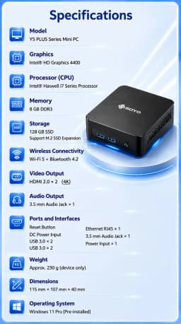 Soyo Mini Pc Y5 Plus Intel Core I7 4Th Gen 8Gb Ram 128Gb Rom Windows 11 Pro Wifi Bt4.2 Mini Desktop Computer Hd Graphics HDMI Display Rj45 Lan Usb3.0 Silent Cooling Home Office Business Portable Mini Host