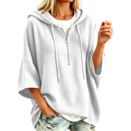 Women Waffle Knit Hoodie Half Zip Drawstring 3/4 Batwing Sleeve With Side Pockets Loose Oversized Pullover Solid Autumn Hoodies
