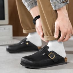 Unisex Cork Closed Toe Slippers Slip-on Clogs Slides Fashion Leather Sandals with Adjustable Buckle Backless Comfort Footbed