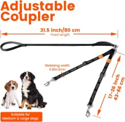 Double Dog Leash No Tangle Dual Dog Leash Lead Coupler Splitter Adjustable Two Handle Training Walking for Medium and Large Dog