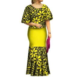 2022 Fall New Style Samoan Puletasi Batwing Sleeve Polynesian Tribal Mermaid Maxi Skirt Dress Women Pacific Island Art Ptaha