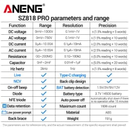 ANENG Digital Multimeters Rechargeable SZ818 Professional AC/DC Voltage NCV Ammeter Voltmeter HFE Triode Capacitor Test Tools