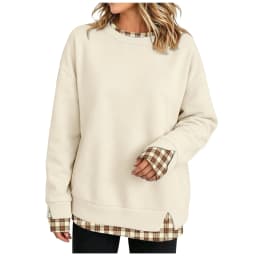 Crew Neck Sweatshirts Women Cute Long Sleeve Oversized Sweatshirt Plaid Pullove In Layered Tunic Drop Medium Weight Hoodie