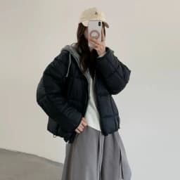 Korean Knit Hood Patchwork Short Puffer Jacket Women Loose Lightweight Warm Padded Parkas Women Solid Color Zipper Winter Jacket