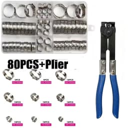 304 Stainless Steel Single Ear Stepless Hose Clamps Assortment Kit Water Pipe Sealing Clips with 1PC Professional Clamp Pliers