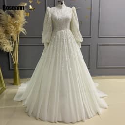 Muslim Exquisite A-line Wedding Dresses Draped Pleat Paillette Applique Lace Brush Train Floor Length Bride Dress robe de mariée