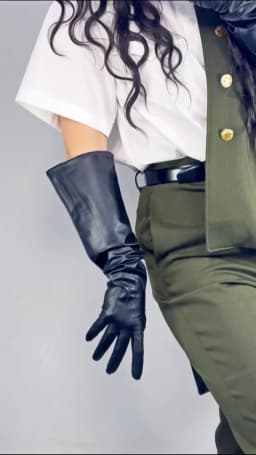Unisex Black Real Leather Gloves Oversize Puff Sleeves Wide Elbow Long Genuine Goatskin Winter Warm Glove Evening Party Costume