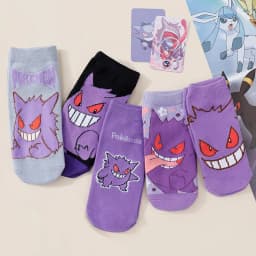 5 Pairs Men's Summer Socks Purple Pokémon Demon Print Lightweight No Show Socks Cute Couple Breathable Casual Ankle Socks