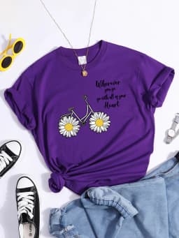 Women's Tshirt Daisy Bike Personalized Text T-Shirts Crewneck Vintage Short Sleeve Tops Korean Style Solid Color Women Tshirt