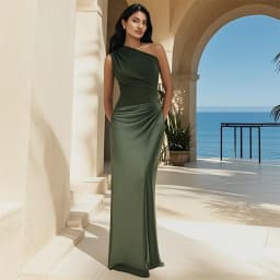 Elegant One-Shoulder Patchwork Satin Maxi Dress Women Sleeveless Ruched Slim Long Dresses 2026 Wedding Guest Evening Party Robes
