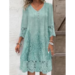Fashion Summer Dresses 2026 Summer New 3D Pattern Lace Splicing Hollowed Out Midi Dress Casual Short Sleeve Dresses Lady Vestido