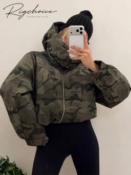 Camo Print Hooded Puffer Jacket Chic Zip Up Stand Collar Elastic Cuff Warm Cropped Coat 2026 Women Winter Commute Street Jackets