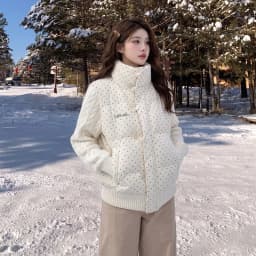 Korean Polka Dot Knit Patchwork Corduroy Cotton Jacket for Women Winter Sweet Thick Puffer Jackets Woman Stand Collar Y2K Parkas