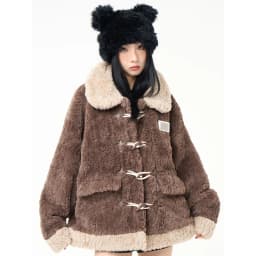 Chic Brown Women Shearling Jacket Toggle Button Coat Contrast Collar Loose Cozy Preppy Streetwear Winter Outerwear Top