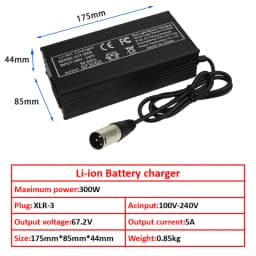 60V Fast Charger 67.2V/5A for 16s 60V Lithium Battery Charger GX16/IEC Connector Strong Heat