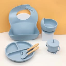 6pcs Food Grade Silicone Tableware Set, Bibs, Bowls, Plates, Water Cups, Spoons, Forks, Baby Utensils