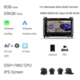 carplay 9" 4G LTE Android 13.0 128GB+8GB car Radio Car DVD Player For Mercedes Benz B200 W169 W245 Viano Vito Sprinter Crafter