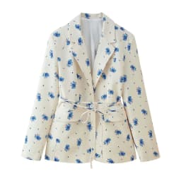 2025 Spring Autumn Lacing Up Bow Sashes Beige Floral Print Blazer Boyfriend Vintage Women Front Pockets Loose Suit Fashion Coat