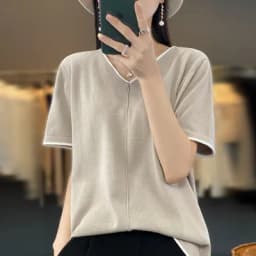 100% Cotton T-Shirt Women's V-Neck Pullover Short Sleeve Summer New Casual Knitting Loose Top Fashion Color Contrast T-Shirt